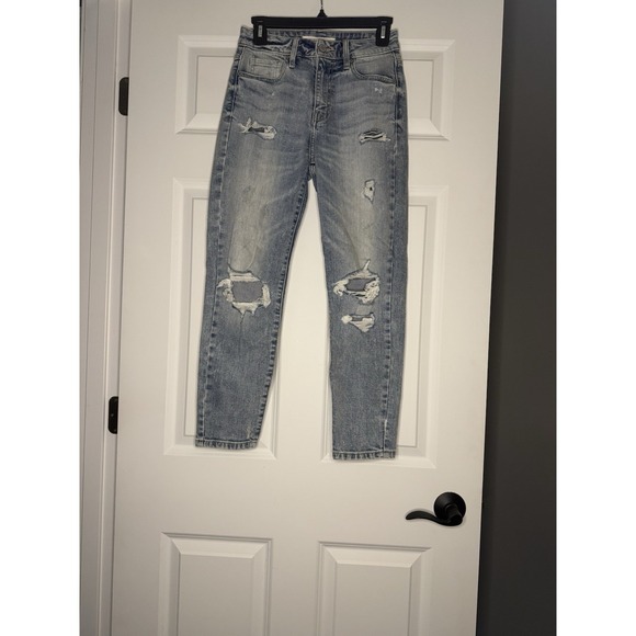 eunina Denim - Eunina Tobi Super High Rise Mom  Denim Jean Crop Size 1 Distressed Light Wash